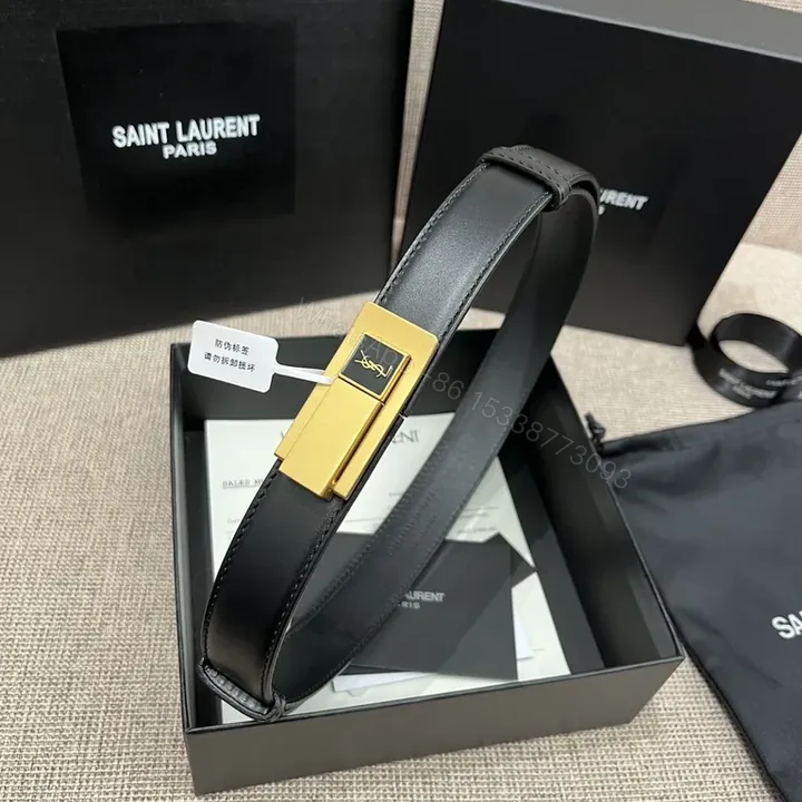 View 1 of Chic Black Leather Belt with Gold YSL-Inspired Clasp