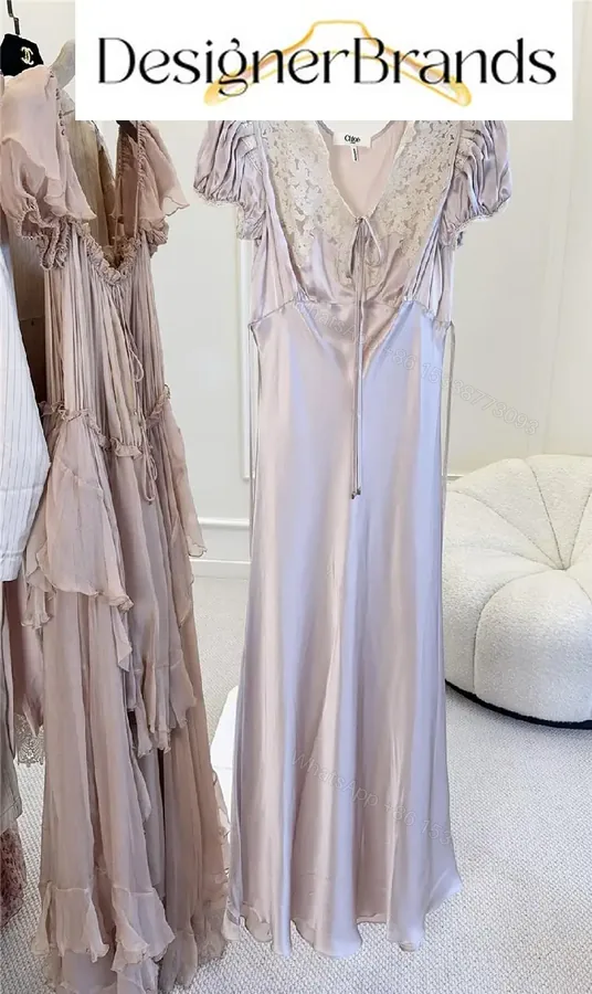 View 1 of Chloe Pale Pink Silk Satin Maxi Dress with Lace Trim