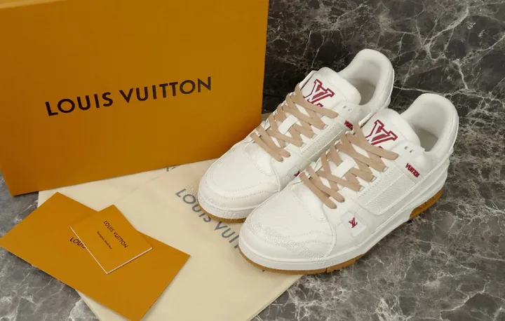View 1 of Premium White Trail Runner – Beige Accents, Leather-Synthetic, Low-Profile, Discreet LV Details, Men’s Sneakers