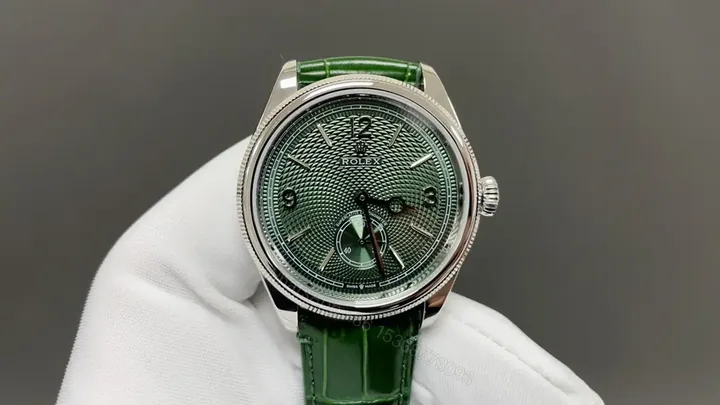 View 1 of Premium Rolex 1908 Green Guilloche Dial replica 39MM Green Leather Strap Edition RG-1908-52506-GREEN-GUILLOCHE-LEATHER