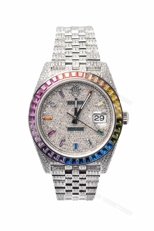 View 1 of Rolex Datejust 41 126300 Super Clone: Iced Out Rainbow Steel 41mm