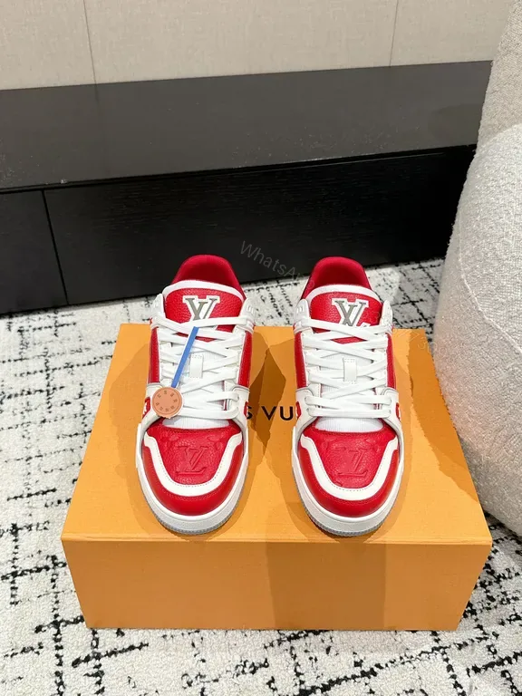 View 1 of Bold Red-White Luxe High-Top Sneaker with LV-Inspired Details