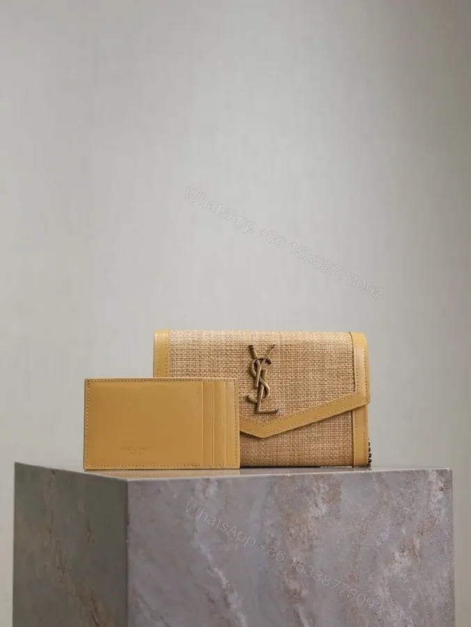 View 1 of Chic Straw Crossbody Set with Leather Trim Cardholder