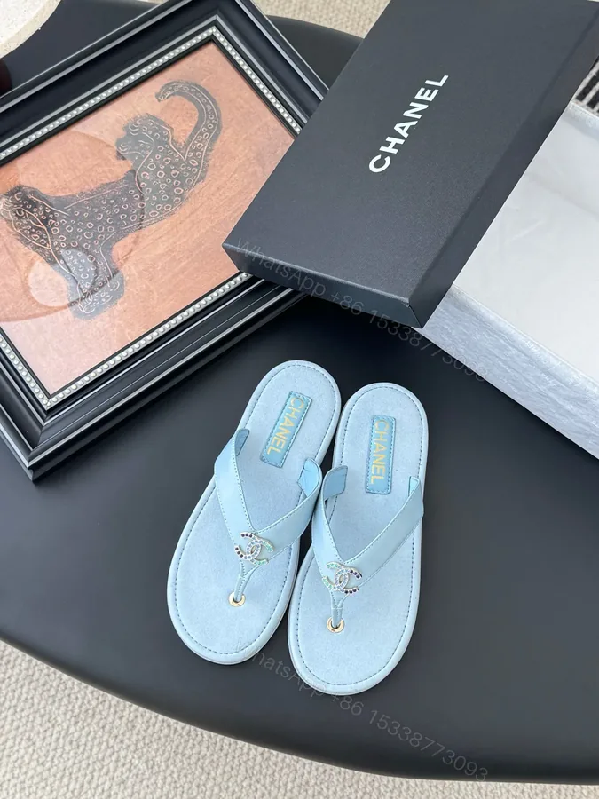 View 1 of Chanel Women Light Blue Leather Embellished Sandals