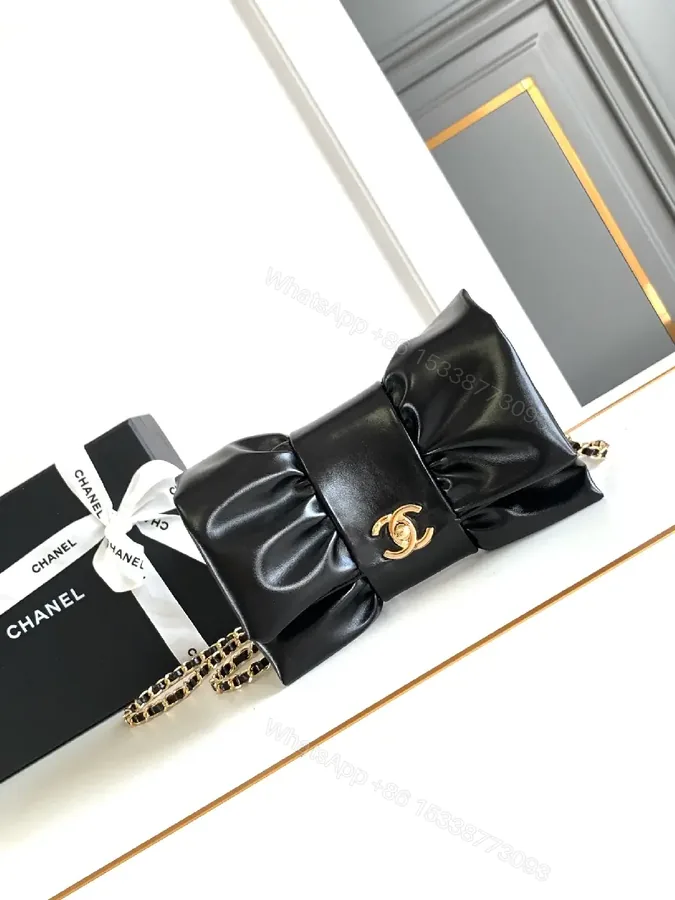 View 1 of Black Leather Ruched Clutch: Minimalist Glam, Gold Hardware, Evening-ready