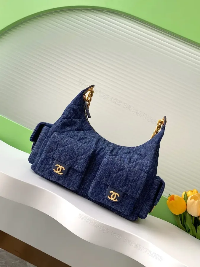 View 1 of Denim Texture Shoulder Bag with Gold Hardware, Luxe Style