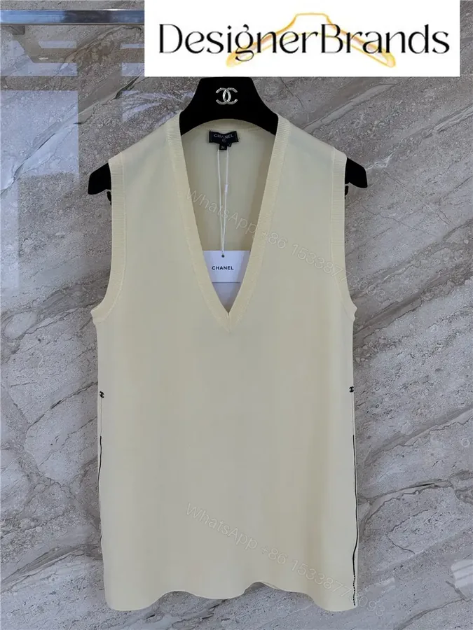 View 1 of Beige Wool Blend Vest V-Neck Modern Chanel Style Shirt