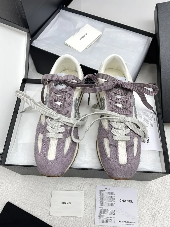 View 1 of Lavender Suede & Cream Knit High-Top Sneakers – Luxury Chic Style