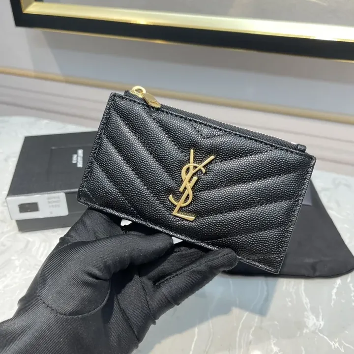 View 1 of Quilted Black Calfskin Wallet - Gold YSL Logo, Slim Profile