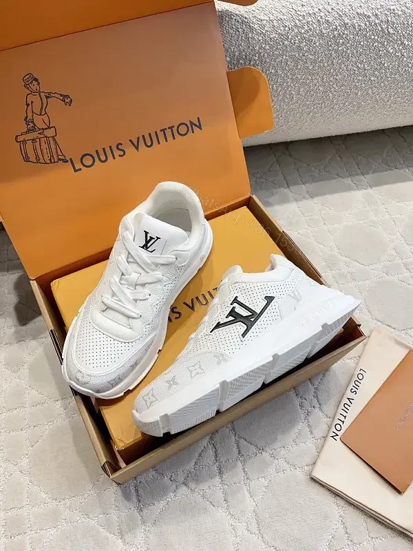 View 1 of White Leather Runner Sneakers Perforated Mesh Modern LV Logo Accent Shoes