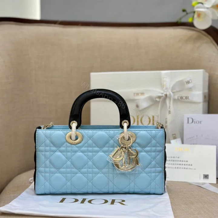 View 1 of Dior D-Joy Women’s Handbag, Ice Blue Cowhide Leather, Like Auth 26cm