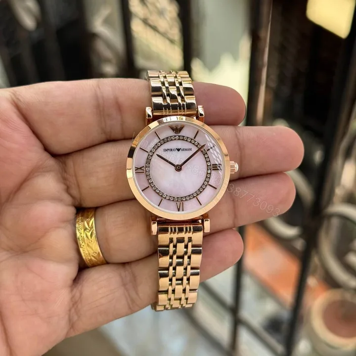 View 1 of First Copy Emporio Armani Rose Gold White Dial Diamond Bezel Women’s Analog Watch