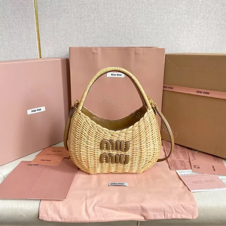 View 1 of Natural Raffia Monogram Handbag â€“ Miu Miu Inspired, Compact Chic