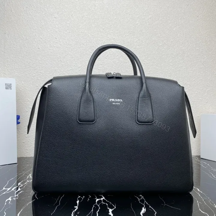 View 1 of Structured Black Pebbled Leather Carryall: Prada-inspired Luxury Tote