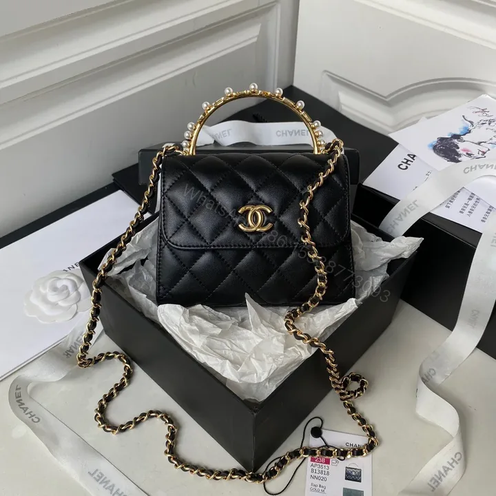 View 1 of Chanel Woc Pearl Handle Plated Handbags Black Leather With Lock Gold 11.5×14.5×5.5cm