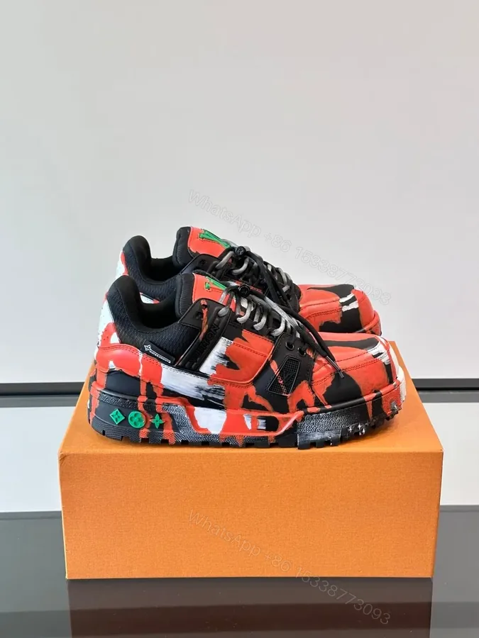 View 1 of LV Men Red Black Leather Sneakers
