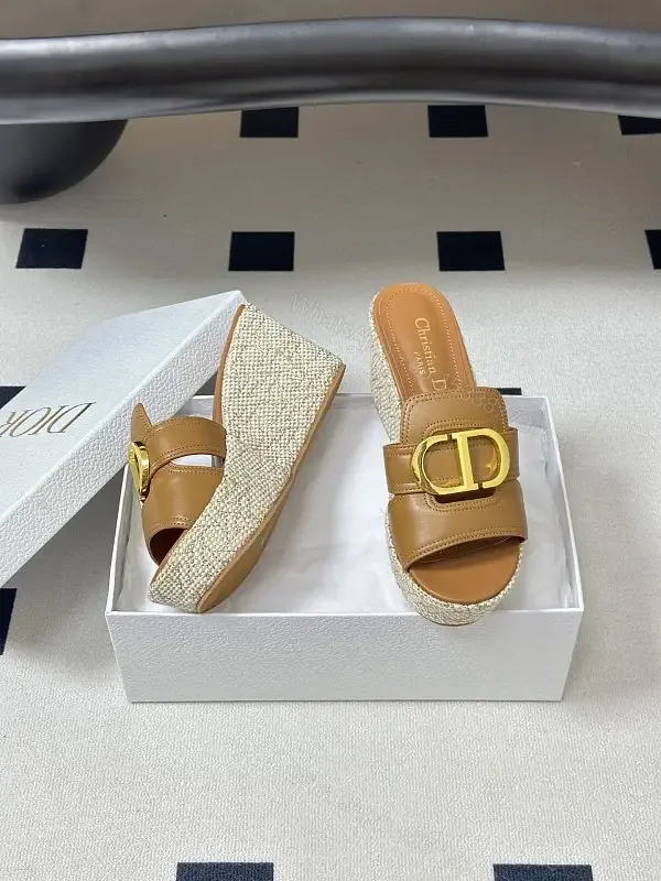 View 1 of Beige Leather Espadrille Wedge Sandals with Gold Buckle, Christian Dior Style