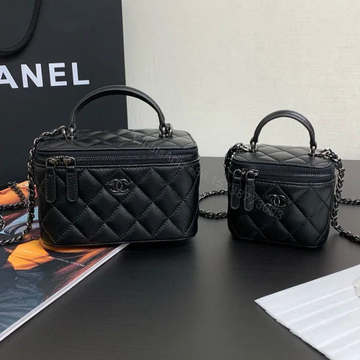View 1 of Chanel Lambskin Quilted Top Handle Mini Vanity Case With Chain Black