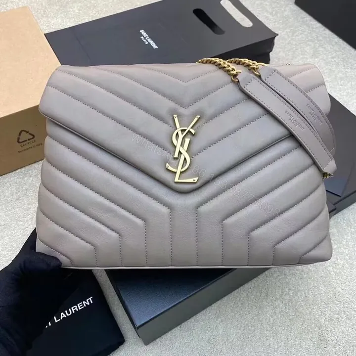 View 1 of Taupe Quilted Leather Shoulder Bag - Modern YSL Chevron Style