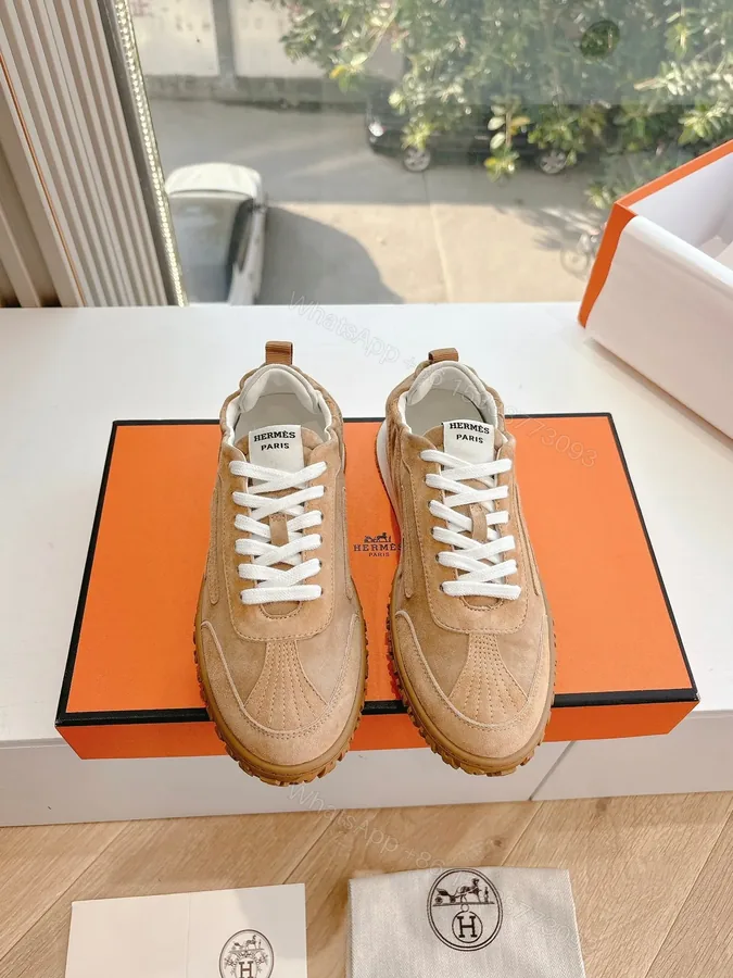 View 1 of Hermes Women Beige Suede Sneakers