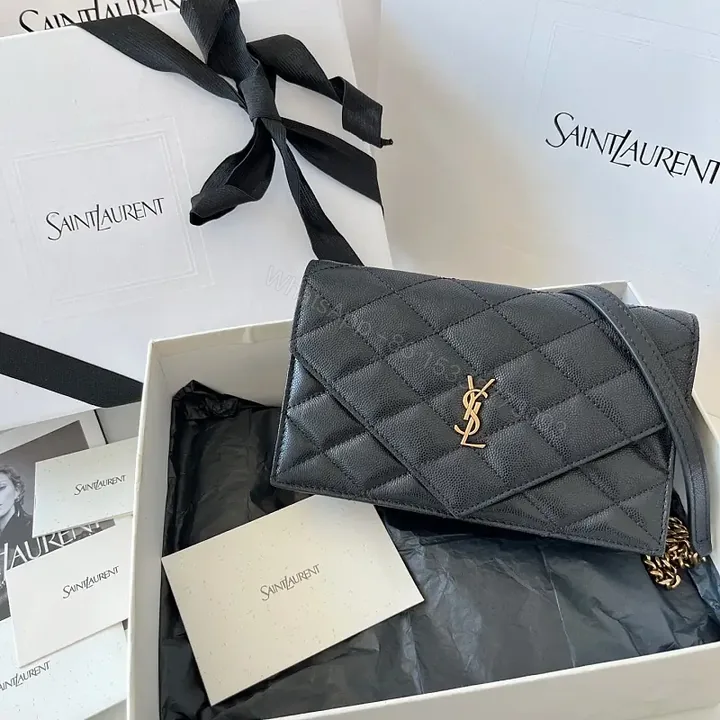 View 1 of Black Diamond Quilted Leather Flap Crossbody Bag with YSL Monogram Clasp