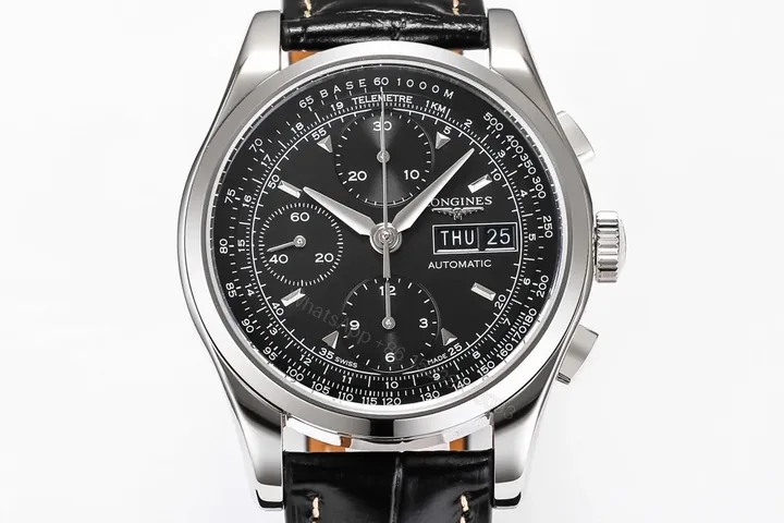 View 1 of Longines Classic Re Edition Men’s Watch Black Dial Stainless Steel Case Black Leather Strap 40mm