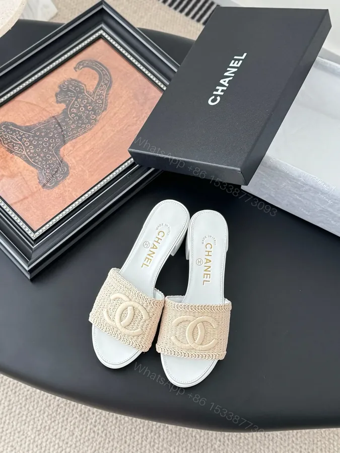 View 1 of Chanel Women Beige Woven Fabric Slides