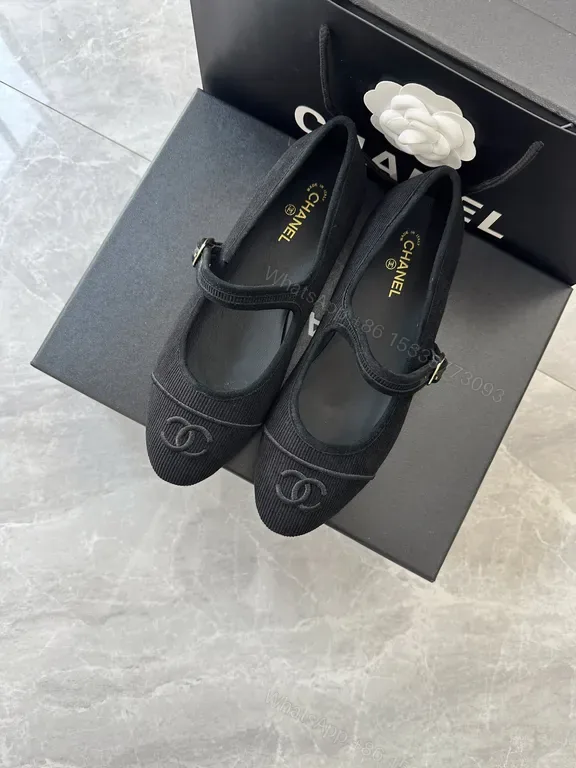 View 1 of Chanel-Inspired Black Knit Ballet Flats with Crest