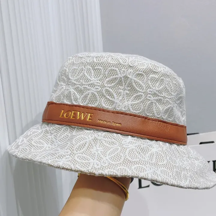 View 1 of White Jacquard Bucket Hat: Luxe Loewe Style, Leather Band, Unisex