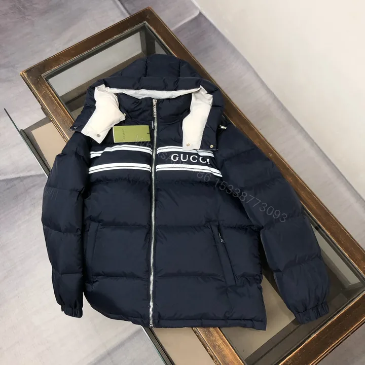View 1 of Gucci原單男士羽絨外套深藍白條紋LOGO款保暖時尚兼具