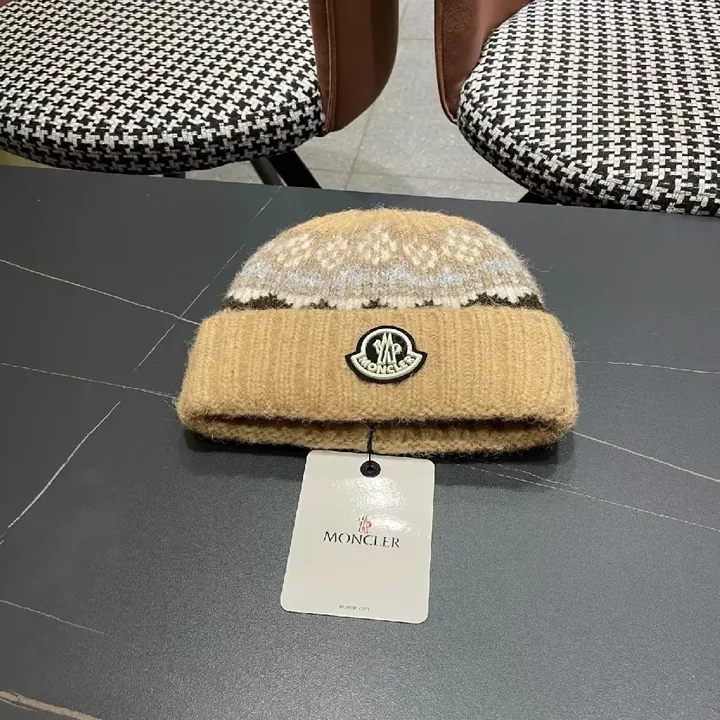 View 1 of Chunky Knit Beanie – Textured Camel Knit, Moncler-Inspired Patch, Luxury Warmth