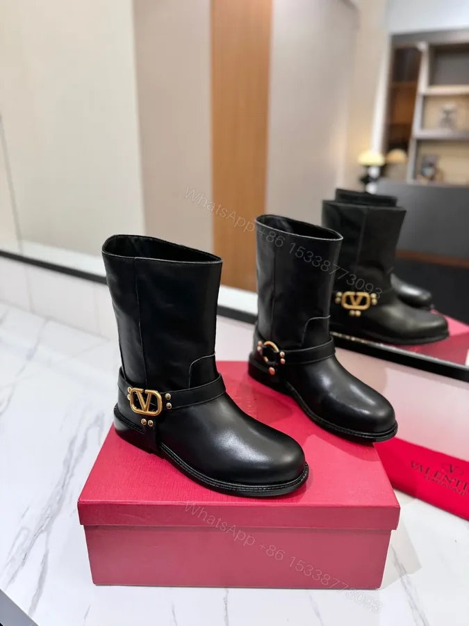 View 1 of Valentino Women Black Leather Mid-Calf Boots