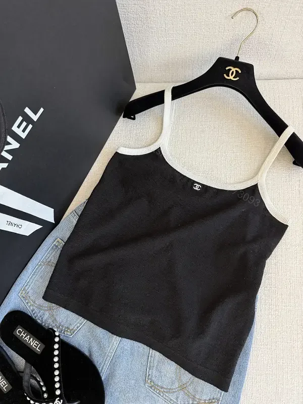View 1 of Black Top with White Trim Sleeveless Camisole - Chanel Logo Detail