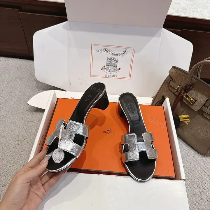 View 1 of Silver Metallic H-style Strap Sandals - Hermes Inspired Slide