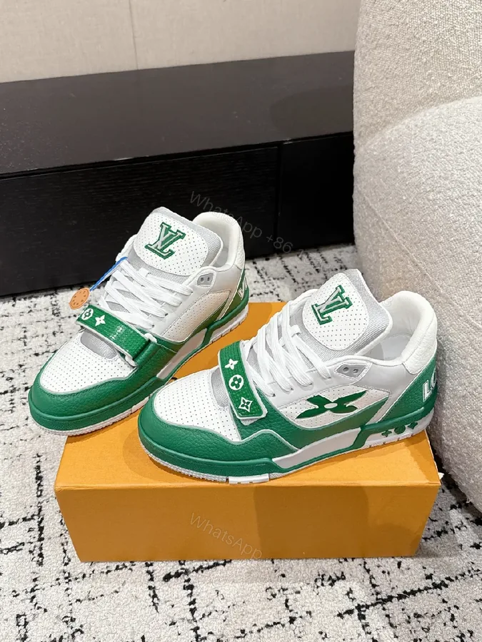 View 1 of White-Green Luxury Trainers: Textured Leather, Midfoot Strap Sneaker