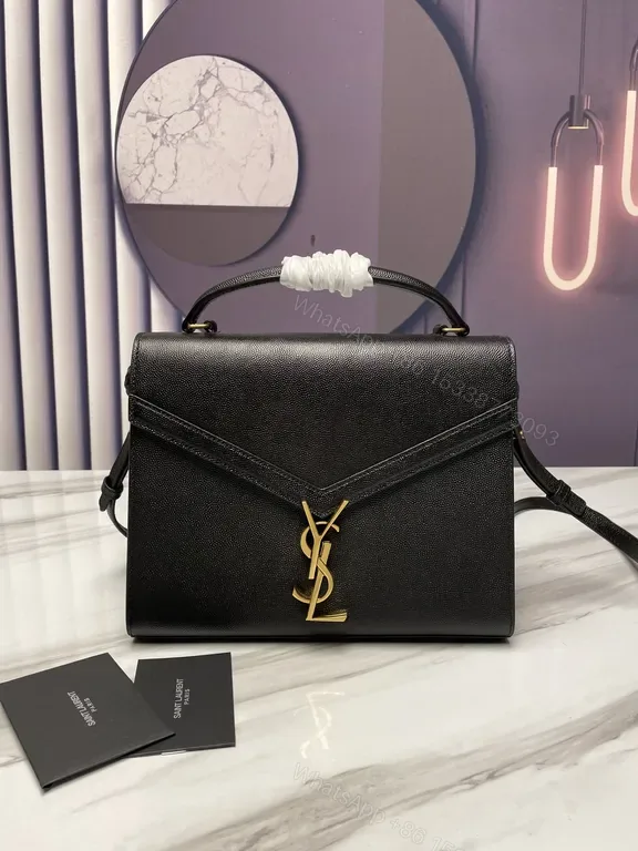 View 1 of Black Pebbled Leather Flap Bag - Gold Logo, Structured Chic Bag