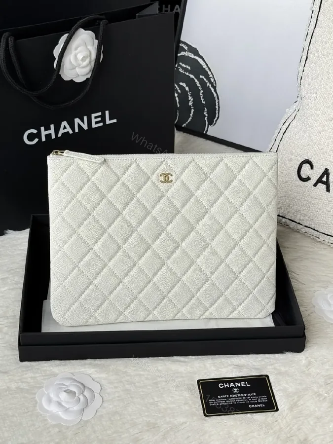 View 1 of Quilted Leather Pouch, Light Pearl, Luxe Style, Zippered Organizer