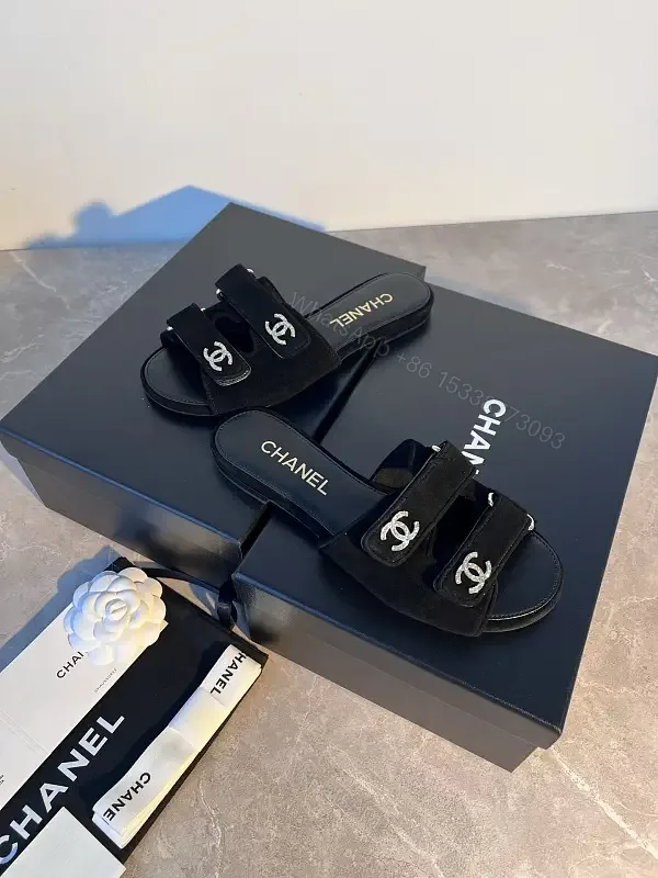 View 1 of Black Velvet Slide Sandals with Signature Hardware