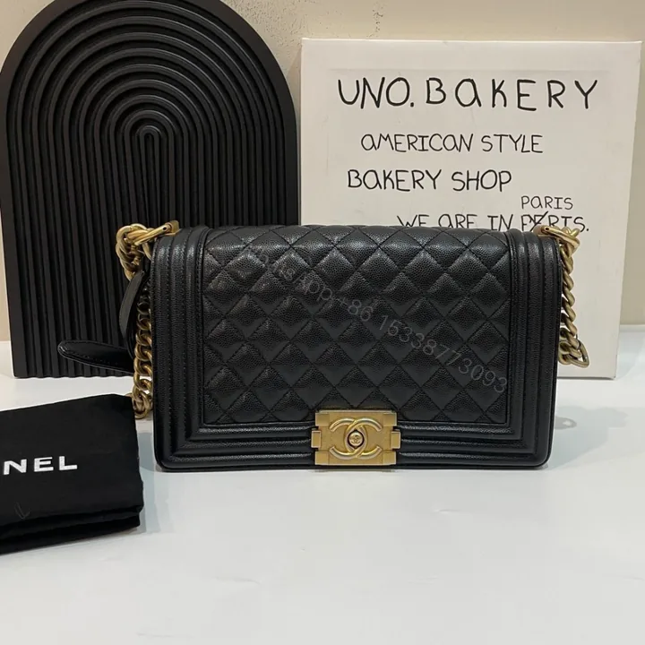 View 1 of Chanel Boy Handbags Pebbled Leather Black 25.5cm
