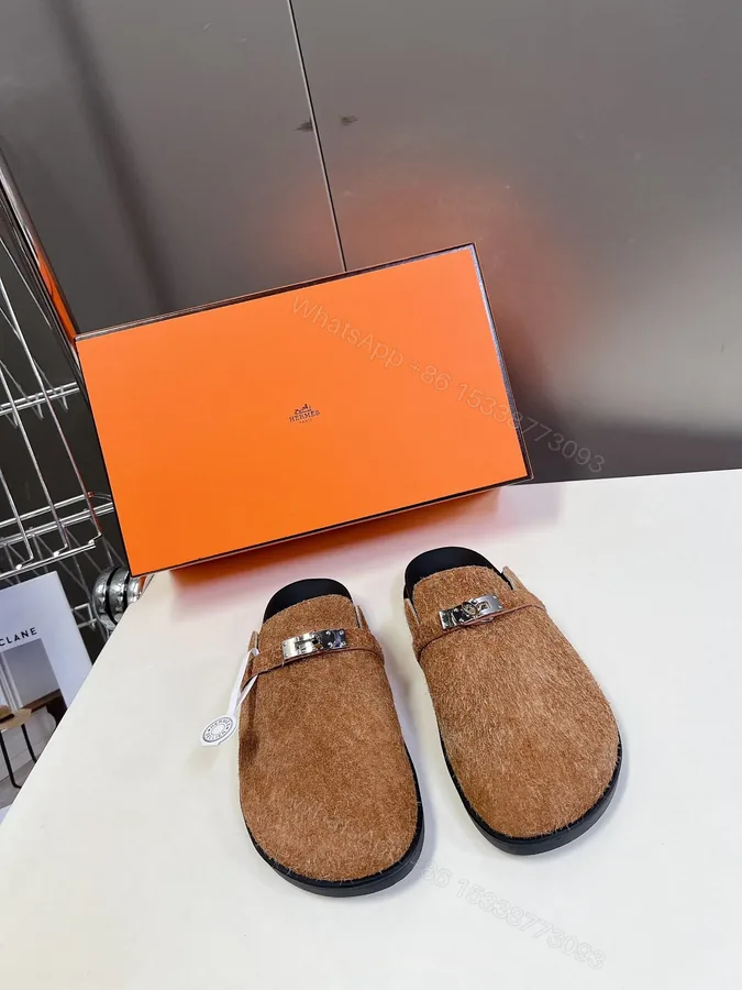 View 1 of Hermes Women Brown Haircalf Leather Slippers