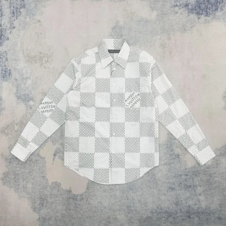 View 1 of LV棋盤格紋襯衫 長袖純棉白灰格紋男裝 原單秋冬經典款