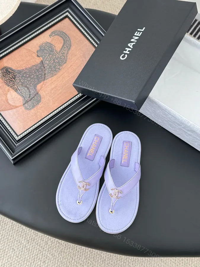 View 1 of Chanel Women Light Purple Leather Slides
