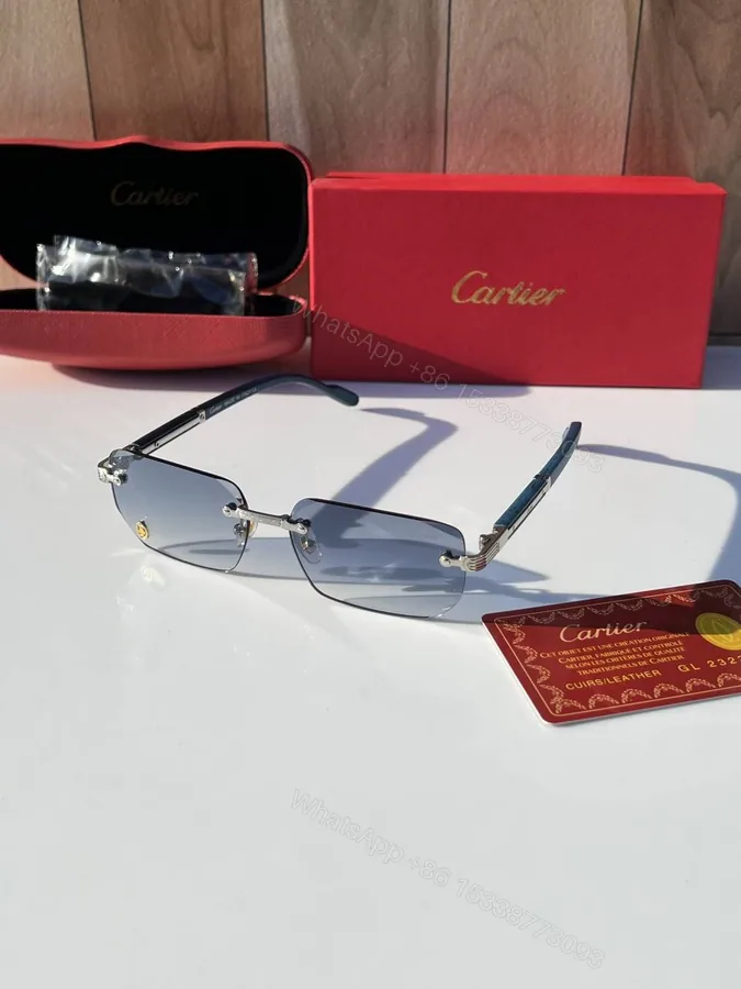 View 1 of First Copy Cartier Rimless Blue Tint Sunglasses Silver Frame Unisex UV Protection