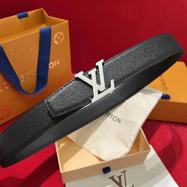 View 1 of Black Leather Belt with LV Buckle - Textured Full-Grain Formal Style