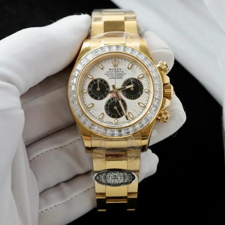 View 1 of Replica Rolex Cosmograph Daytona Meteorite Dial Gold Moissanite Baguette 40mm