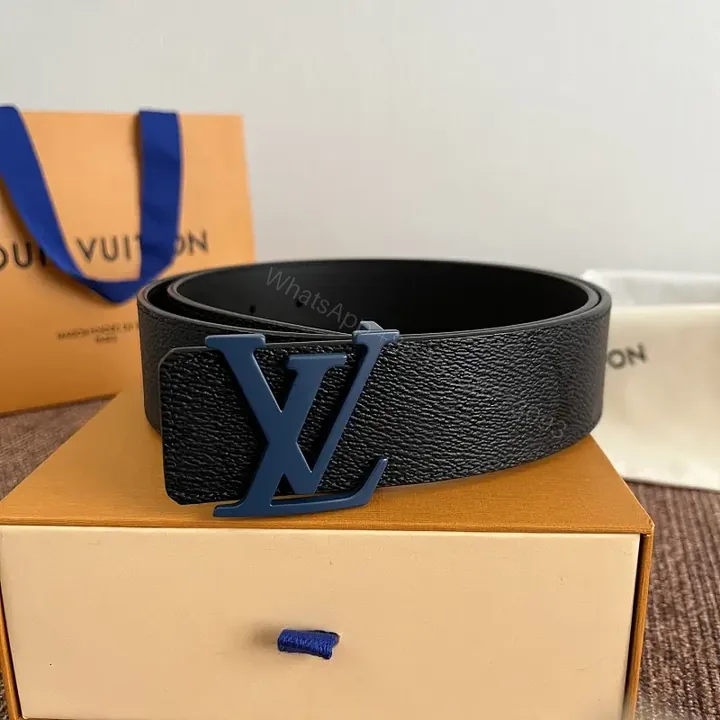 View 1 of Black Belt with Blue LV Logo Buckle, Pebbled Leather, Classic Style