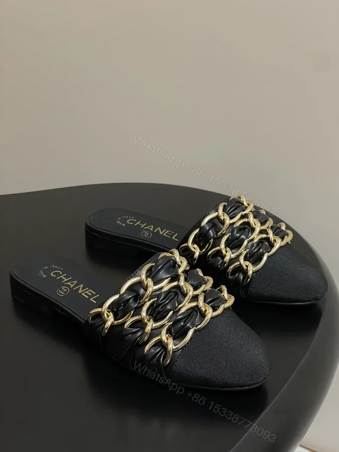 View 1 of Black Satin Mules with Gold Chain Detail - Opulent Everyday Style