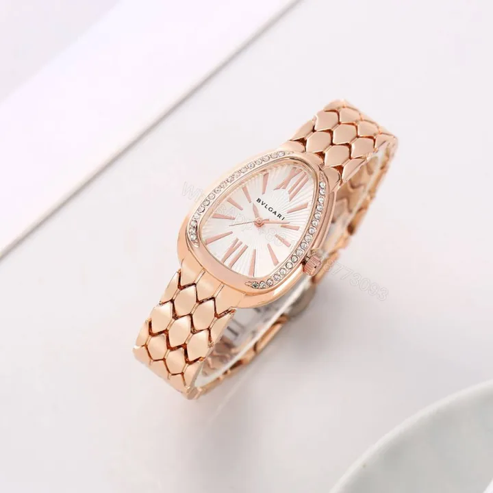 View 1 of First Copy Bvlgari Serpenti Rose Gold White Dial Diamond Bezel Women’s Analog Watch
