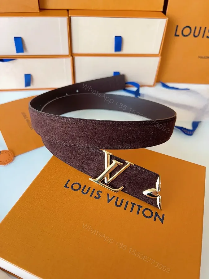 View 1 of Textured Leather Belt with Gold LV Buckle - Luxury Accessory Belt