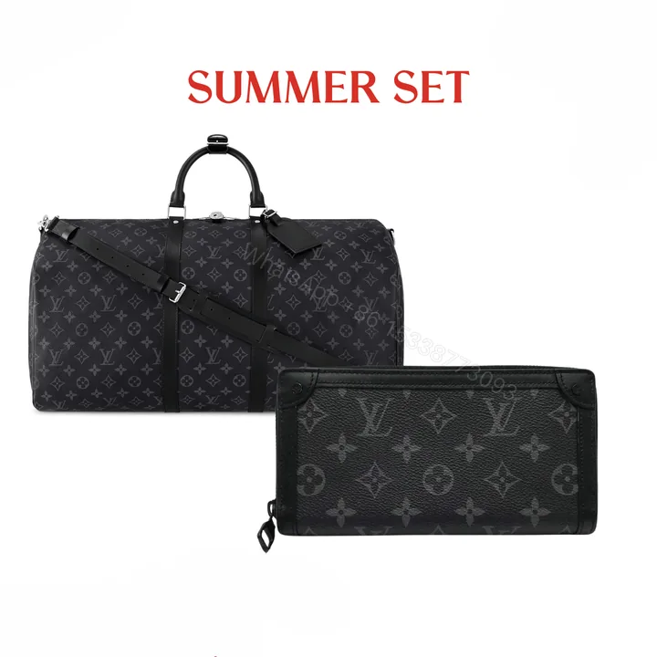 View 1 of SUMMER SET: LOUIS VUITTON KEEPALL BANDOULIÈRE 50 MONOGRAM ECLIPSE & LONG WALLET MONOGRAM ECLIPSE TRUNK ZIPPY BLACK 19CM